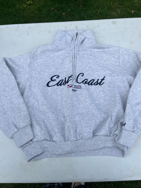 Hollister Sweaters - Hollister Light Gray "East Coast" Half-Zip Sweater with Navy Script